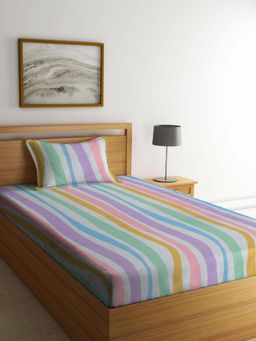 ARRABI - Multi-Color Stripes Cotton Blend Single Bedsheet with Pillow Cover