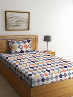 ARRABI - Multi-Color Geometric Cotton Blend Single Bedsheet with Pillow Cover