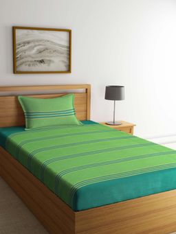 ARRABI - Green Stripes Handwoven Cotton Single Bedsheet with Pillow Cover