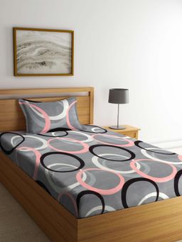 ARRABI - Grey Graphic Cotton Blend Single Bedsheet with Pillow Cover