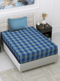 ARRABI - Blue Geometric Handwoven Cotton Single Bedsheet with Pillow Cover