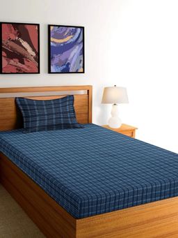 ARRABI - Blue Geometric Handwoven Cotton Single Bedsheet with Pillow Cover