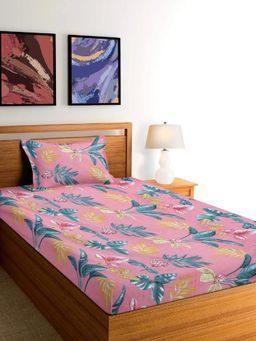 ARRABI - Pink Floral Cotton Blend Single Bedsheet with Pillow Cover