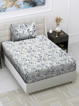 ARRABI - Cream Leaf Cotton Blend Single Bedsheet with Pillow Cover