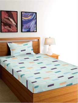 ARRABI - Green Geometric Cotton Blend Single Bedsheet with Pillow Cover