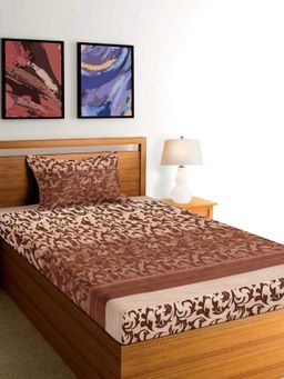 ARRABI - Brown Leaf Cotton Blend Single Bedsheet with Pillow Cover