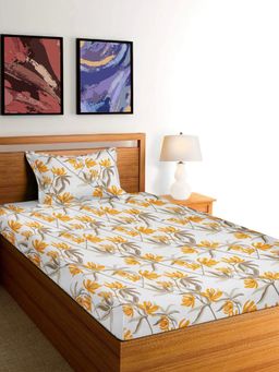 ARRABI - Multi-Color Floral Cotton Blend Single Bedsheet with Pillow Cover
