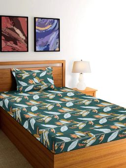 ARRABI - Green Leaf Cotton Blend Single Bedsheet with Pillow Cover