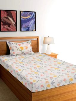 ARRABI - Cream Floral Cotton Blend Single Bedsheet with Pillow Cover