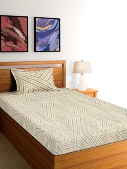ARRABI - Beige Stripes Cotton Blend Single Bedsheet with Pillow Cover