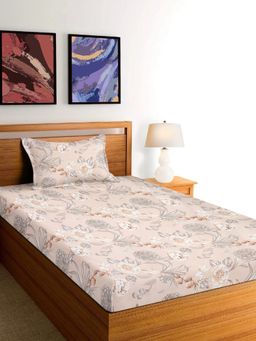 ARRABI - Beige Floral Cotton Blend Single Bedsheet with Pillow Cover
