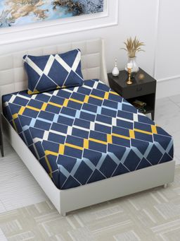ARRABI - Teal Geometric Cotton Blend Single Bedsheet with Pillow Cover