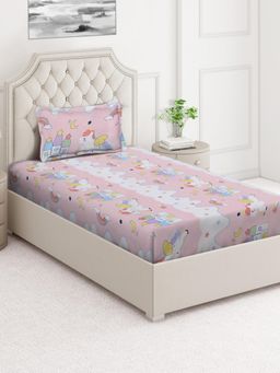 ARRABI - Pink Cartoon Cotton Blend Single Bedsheet with Pillow Cover