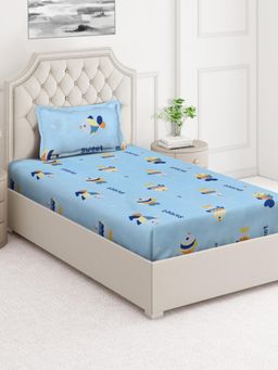ARRABI - Blue Cartoon Cotton Blend Single Bedsheet with Pillow Cover