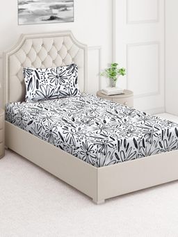 ARRABI - White Floral Cotton Blend Single Bedsheet with Pillow Cover