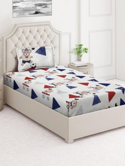 ARRABI - White Cartoon Cotton Blend Single Bedsheet with Pillow Cover