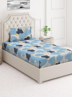 ARRABI - Blue Floral Cotton Blend Single Bedsheet with Pillow Cover