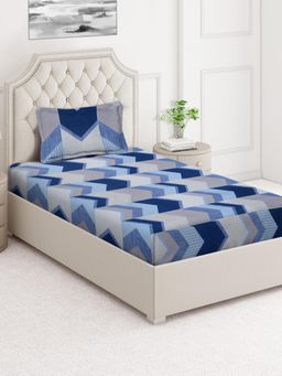 ARRABI - Blue Geometric Cotton Blend Single Bedsheet with Pillow Cover