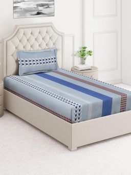 ARRABI - Blue Stripes Cotton Blend Single Bedsheet with Pillow Cover