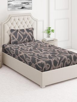 ARRABI - Grey Abstract Cotton Blend Single Bedsheet with Pillow Cover