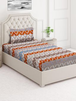 ARRABI - Brown Stripes Cotton Blend Single Bedsheet with Pillow Cover