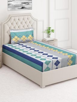 ARRABI - Green Geometric Cotton Blend Single Bedsheet with Pillow Cover