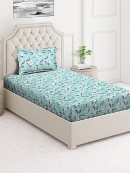 ARRABI - Green Floral Cotton Blend Single Bedsheet with Pillow Cover