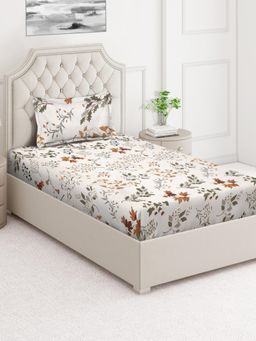 ARRABI - Cream Floral Cotton Blend Single Bedsheet with Pillow Cover
