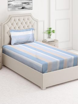 ARRABI - Blue Stripes Cotton Blend Single Bedsheet with Pillow Cover