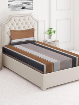 ARRABI - Brown Stripes Cotton Blend Single Bedsheet with Pillow Cover