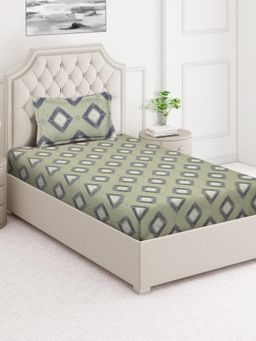 ARRABI - Olive Geometric Cotton Blend Single Bedsheet with Pillow Cover