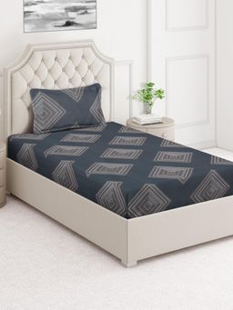 ARRABI - Grey Geometric Cotton Blend Single Bedsheet with Pillow Cover