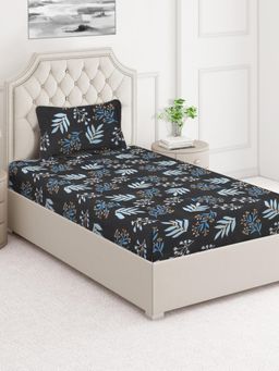 ARRABI - Black Floral Cotton Blend Single Bedsheet with Pillow Cover