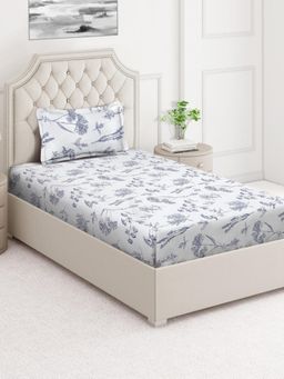 ARRABI - White Floral Cotton Blend Single Bedsheet with Pillow Cover