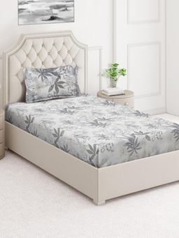 ARRABI - Grey Floral Cotton Blend Single Bedsheet with Pillow Cover