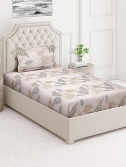 ARRABI - Cream Leaf Cotton Blend Single Bedsheet with Pillow Cover