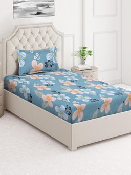 ARRABI - Blue Floral Cotton Blend Single Bedsheet with Pillow Cover