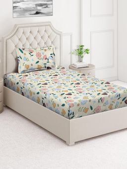 ARRABI - Cream Floral Cotton Blend Single Bedsheet with Pillow Cover