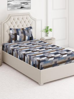 ARRABI - Grey Geometric Cotton Blend Single Bedsheet with Pillow Cover