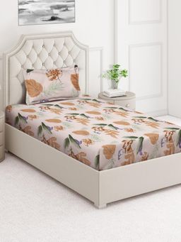 ARRABI - Brown Floral Cotton Blend Single Bedsheet with Pillow Cover