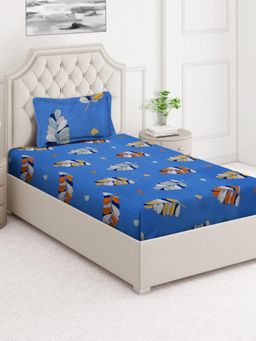 ARRABI - Blue Leaf Cotton Blend Single Bedsheet with Pillow Cover