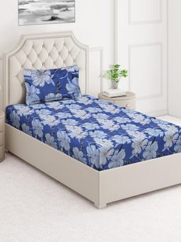 ARRABI - Blue Floral Cotton Blend Single Bedsheet with Pillow Cover