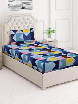 ARRABI - Multi-Color Geometric Cotton Blend Single Bedsheet with Pillow Cover