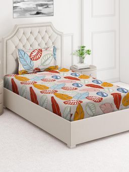ARRABI - Multi-Color Leaf Cotton Blend Single Bedsheet with Pillow Cover