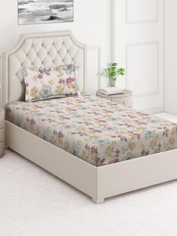 ARRABI - Cream Leaf Cotton Blend Single Bedsheet with Pillow Cover