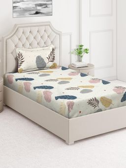 ARRABI - Cream Leaf Cotton Blend Single Bedsheet with Pillow Cover