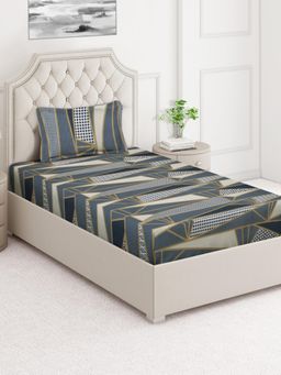 ARRABI - Grey Abstract Cotton Blend Single Bedsheet with Pillow Cover