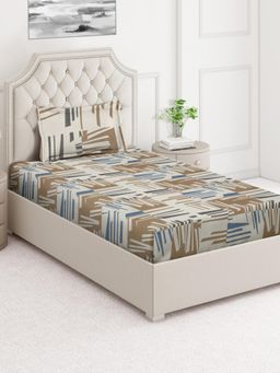 ARRABI - Brown Abstract Cotton Blend Single Bedsheet with Pillow Cover