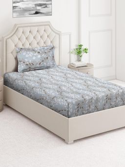 ARRABI - Grey Floral Cotton Blend Single Bedsheet with Pillow Cover