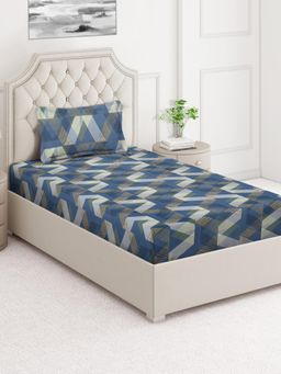 ARRABI - Blue Geometric Cotton Blend Single Bedsheet with Pillow Cover